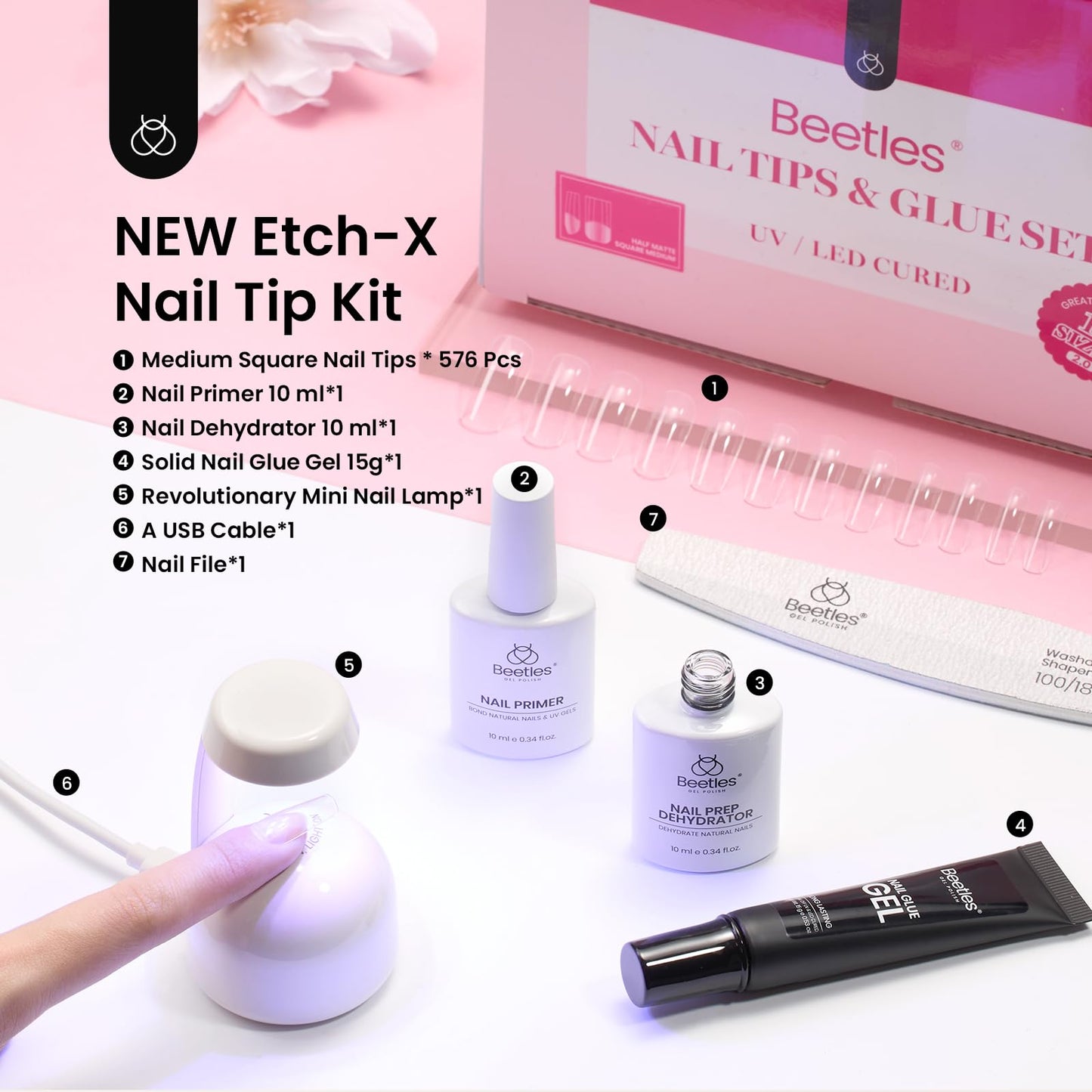 Beetles Gel Nail Kit Etch-X, Medium Square, 576pcs 12Size, with Nail Dehydrator and Primer, Solid Glue Mini Lamp, Half Matte Gel Nail Tips Acrylic Tips Easy DIY Extension Set Gift for Women