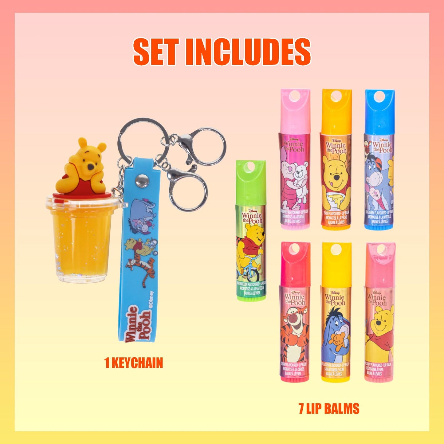 Winnie the Pooh 7 Pack Lip Balm Set with Winnie the Pooh Keychain, Plant Based Kids Lip Balm for Party Favors, Sleepovers and Stocking Stuffers, Ages 3+ by Townley Girl