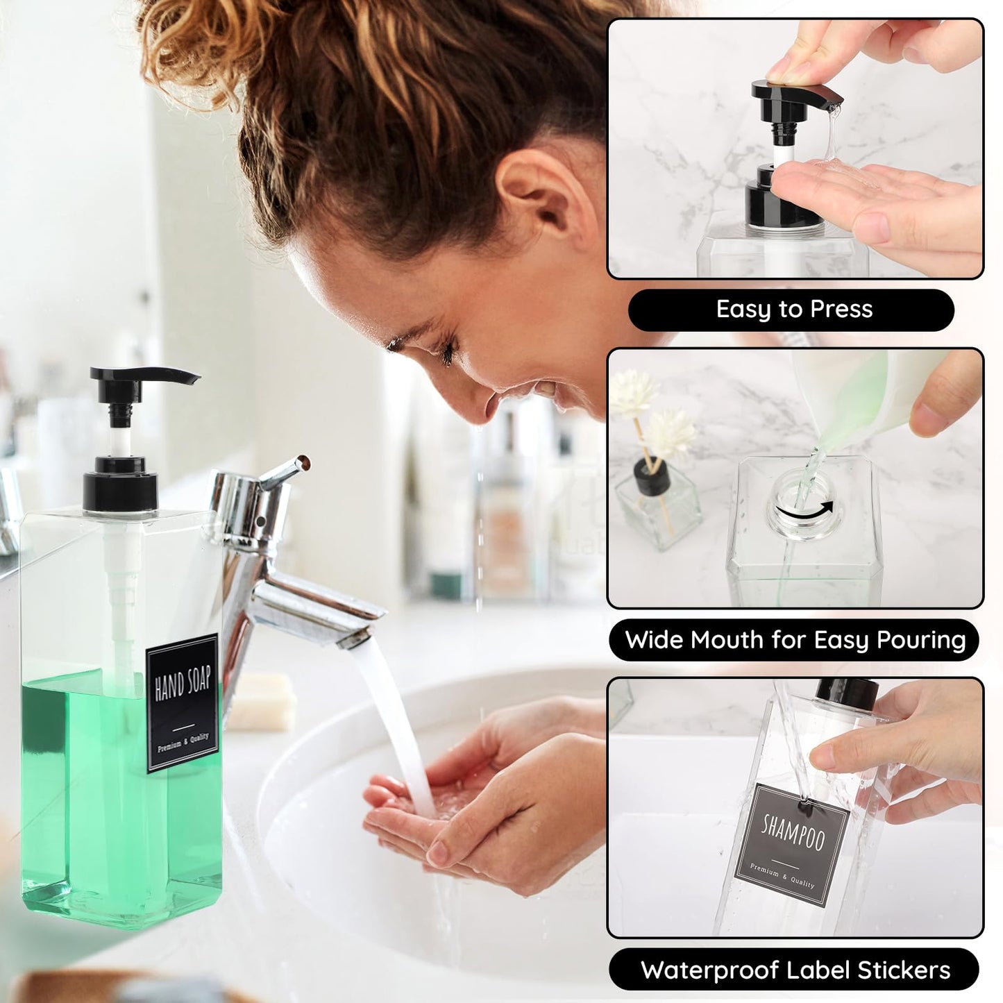 Segbeauty 33.8oz Shampoo and Conditioner Dispenser, 3pcs Square Empty Plastic Bottles with Labels, 1000ml Large Square Hand Soap Dispenser for Bathroom, Body Wash Container Pump Bottle Refillable