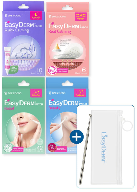 EasyDerm Multi-Step Pimple Patch Set – 4-Type Korean Pimple Patches + Free 2-in-1 Dual-Tip Extractor for Complete Skincare Travel Essentials, Clear Skin Season