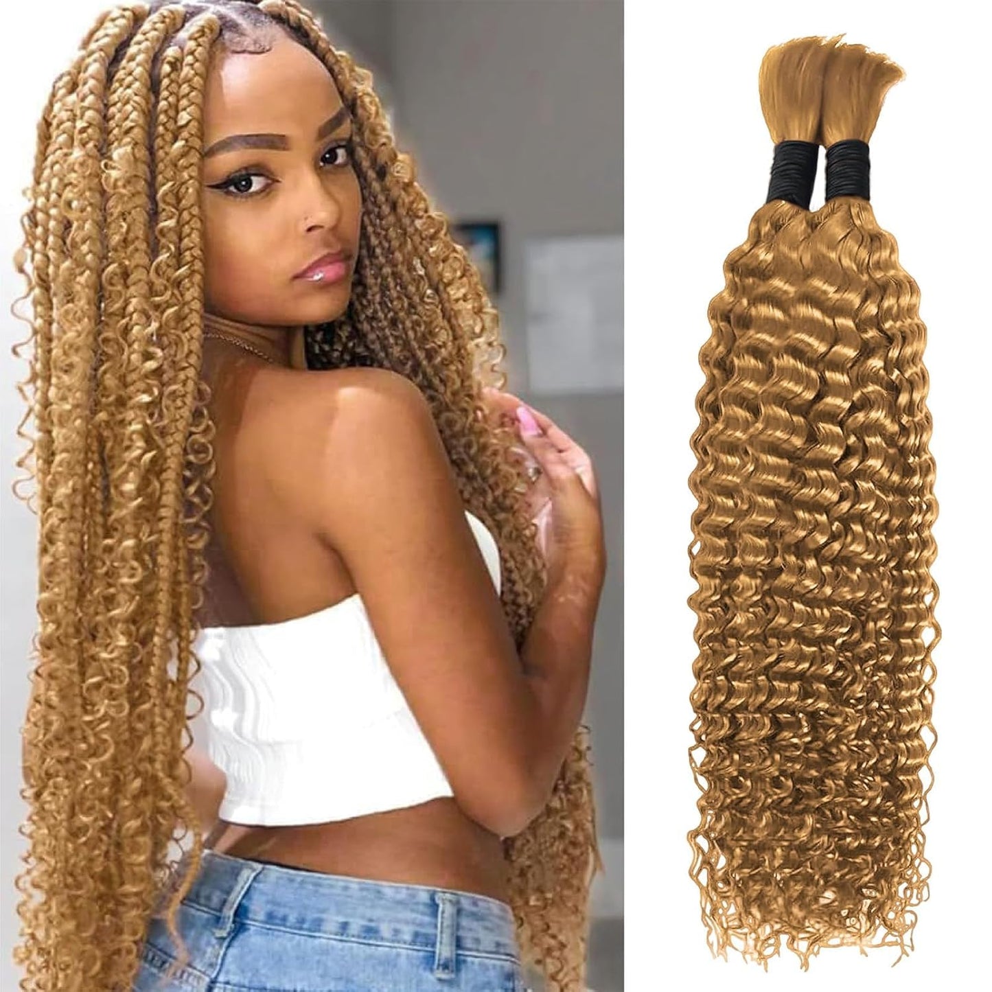#27 Human Hair for Boho Braids 14 Inch Boho Hair for Braiding 2 Bundles 110g 12A Curly Boho Braids for Human Hair Bulk(#27,14inch)