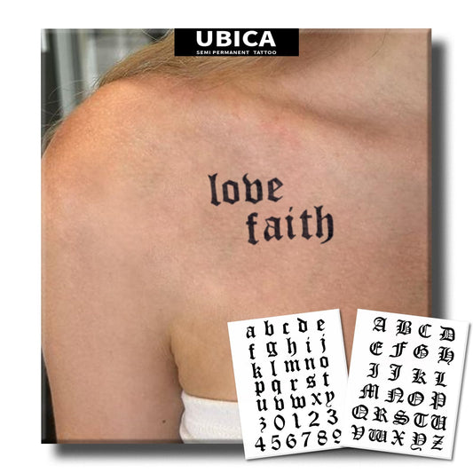 UBICA Semi Permanent Tattoo for Women Men, 2 Sheets Realistic Temporary Tattoos, Lasts 2 Weeks Fake Tattoo for Fingers, Waterproof Non-Reflective, Dark Gothic Alphabet & Black Letter Number Tattoos