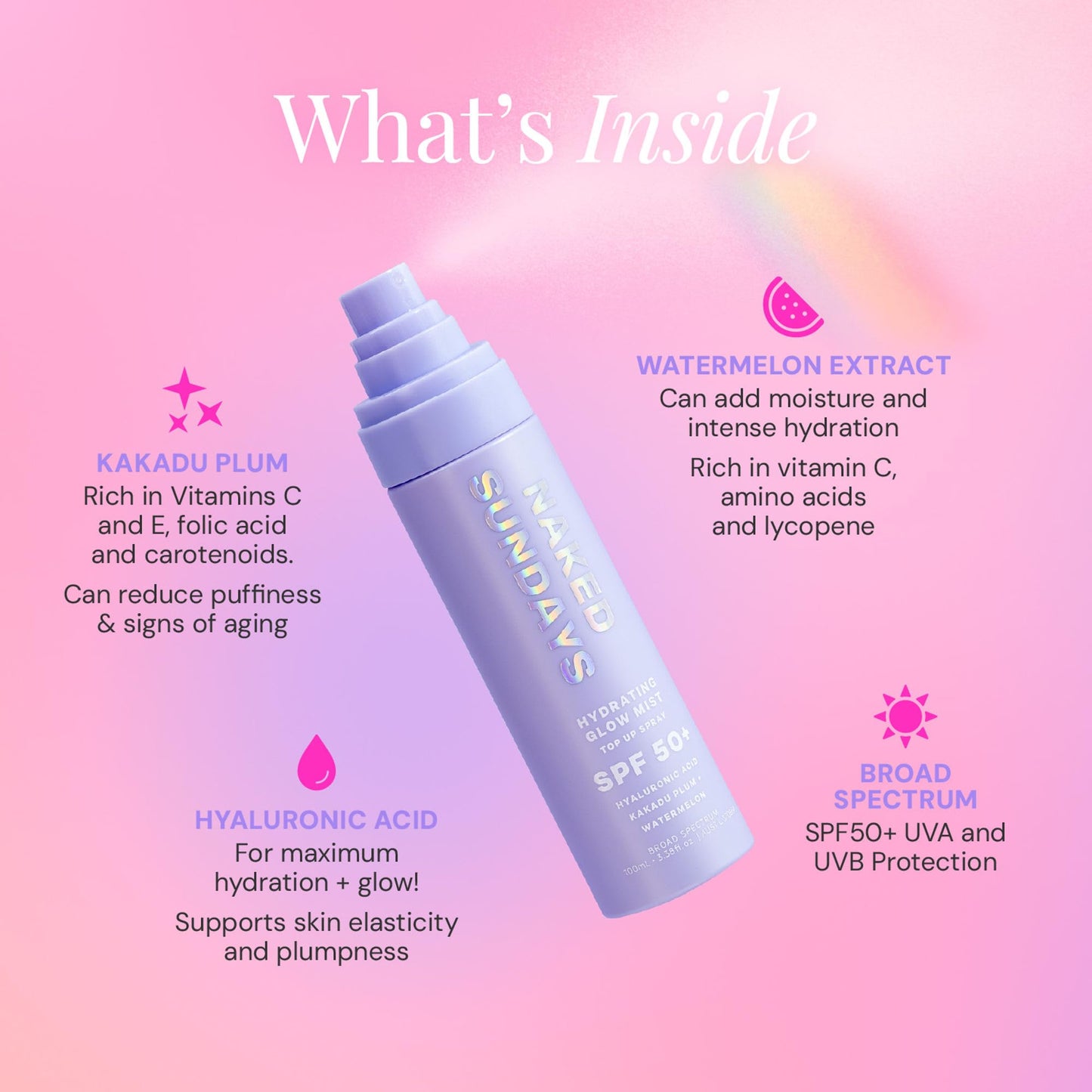 Naked Sundays SPF 50 Hydrating Glow Sunscreen Mist for Face, SPF Setting Spray with Hyaluronic Acid, Makeup Setting Spray, Lightweight, Non-Greasy Hydration, 75ml