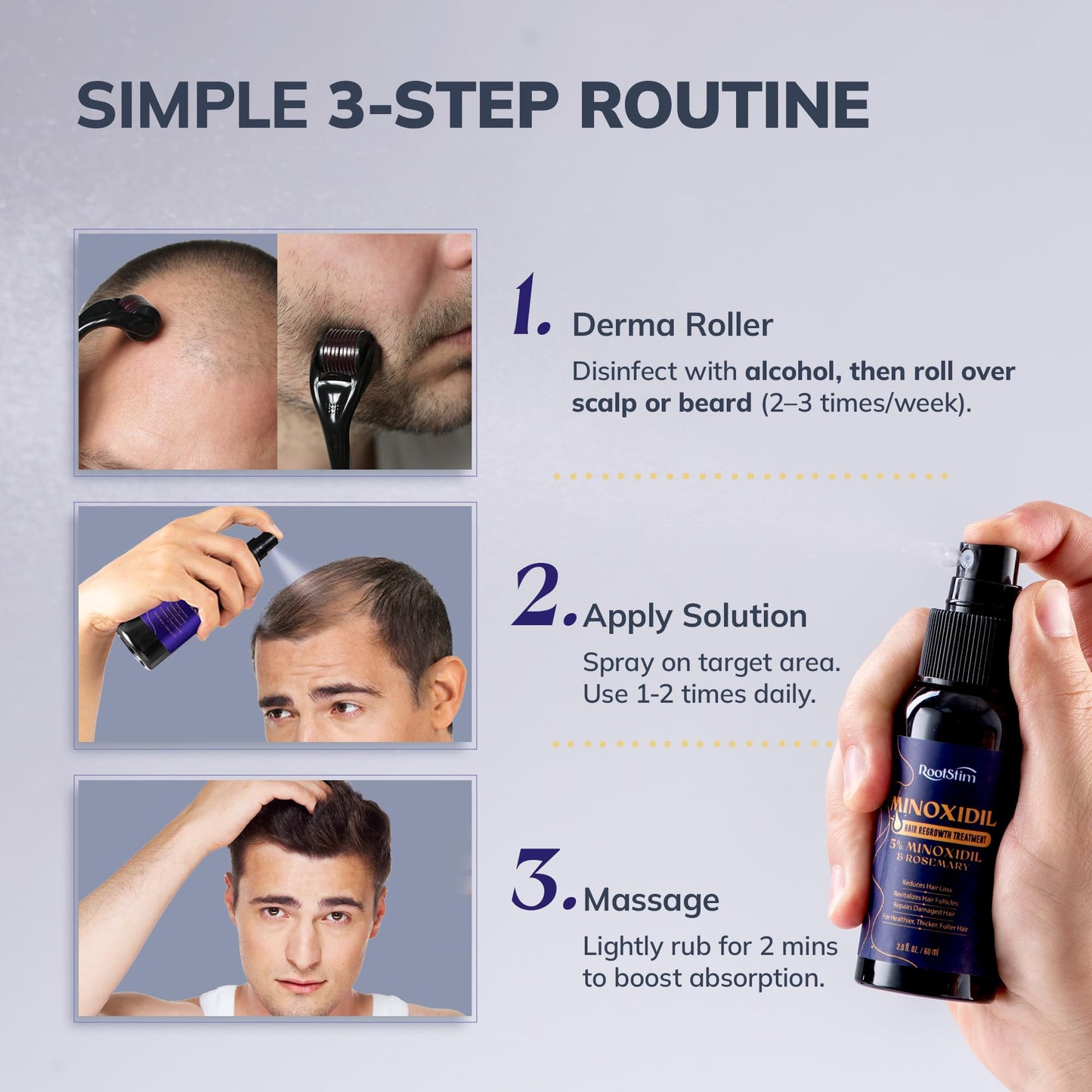 5% Minoxidil Spray + 0.25mm Derma Roller Hair Growth Kit for Men and Women, Hair Regrowth Treatment for Thinning Hairline, Crown & Beard, Rosemary Biotin Formula, 60 mL