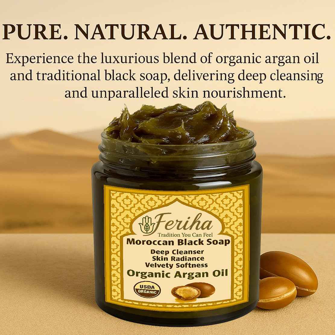 FERIHA Premium Moroccan Black Soap with Organic Argan Oil, 100% Authentic, Artisan Beldi Soap - Sourced, Crafted & Packed in Morocco - Traditional Hammam Formula