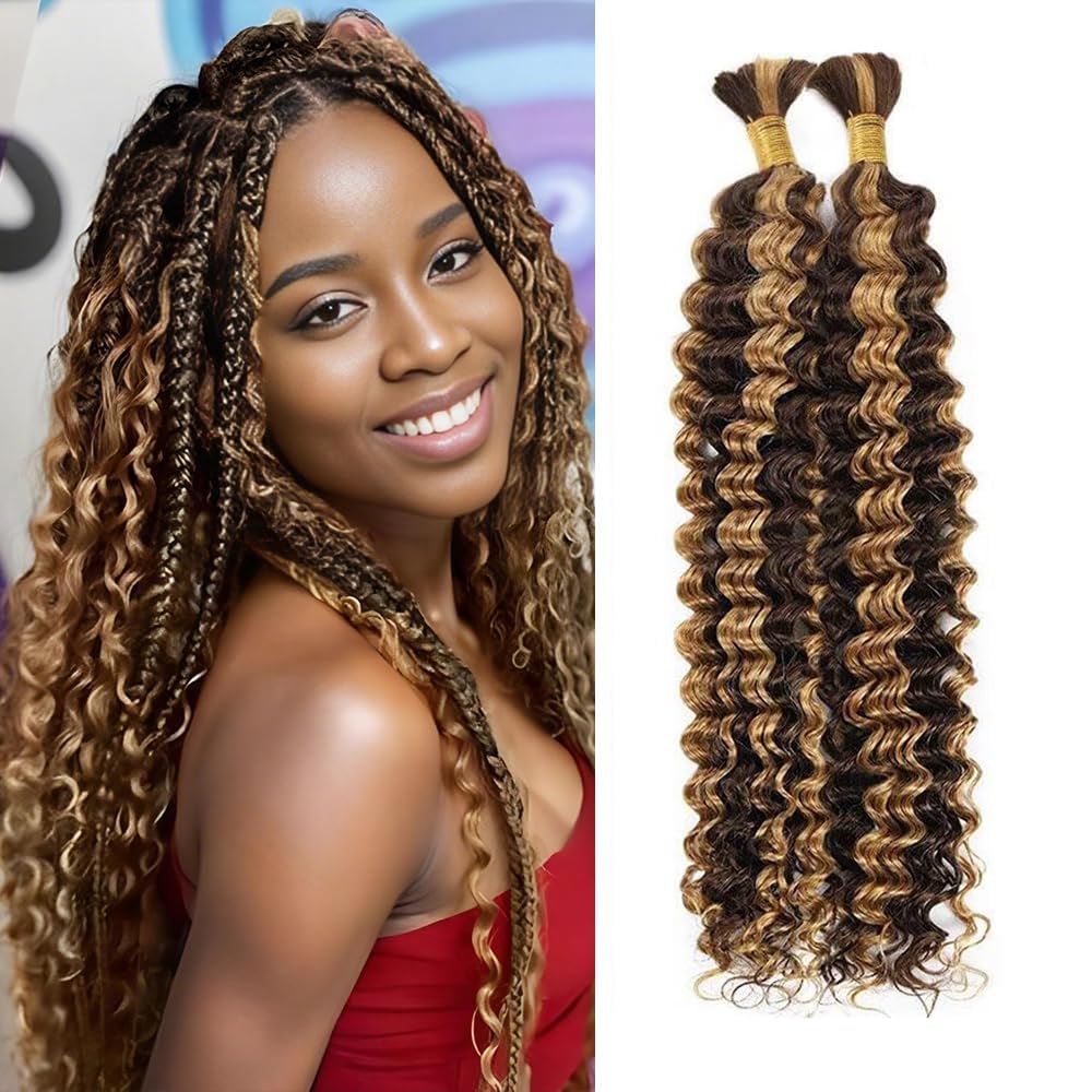 Cklikeb Braiding Human Hair 100g 20 Inch Color P4/27 Deep Water Wave Bulk Human Hair for Braiding No Weft Brazilian Virgin Deep Curly Human Hair Extensions for Boho Braids P4/27 Color, 20 inch,100g)