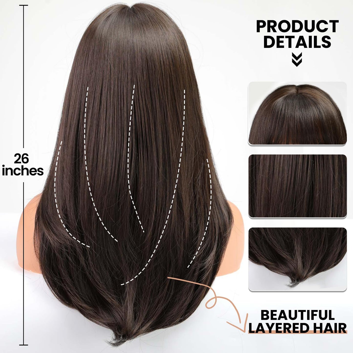 EMMOR Dark Brown Wig With Bangs For Women Long Straight Synthetic Wig Brunette Layered Hairstyle Wigs For Girls Party Cosplay And Daily Use(26" Dark Brown)