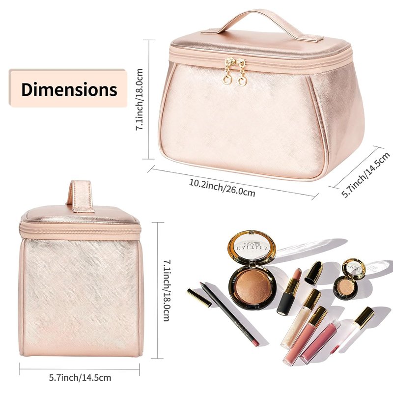 Large Makeup Bag Organizer for Women - Travel Cosmetic Bag with Divider & Handle | Rose Gold