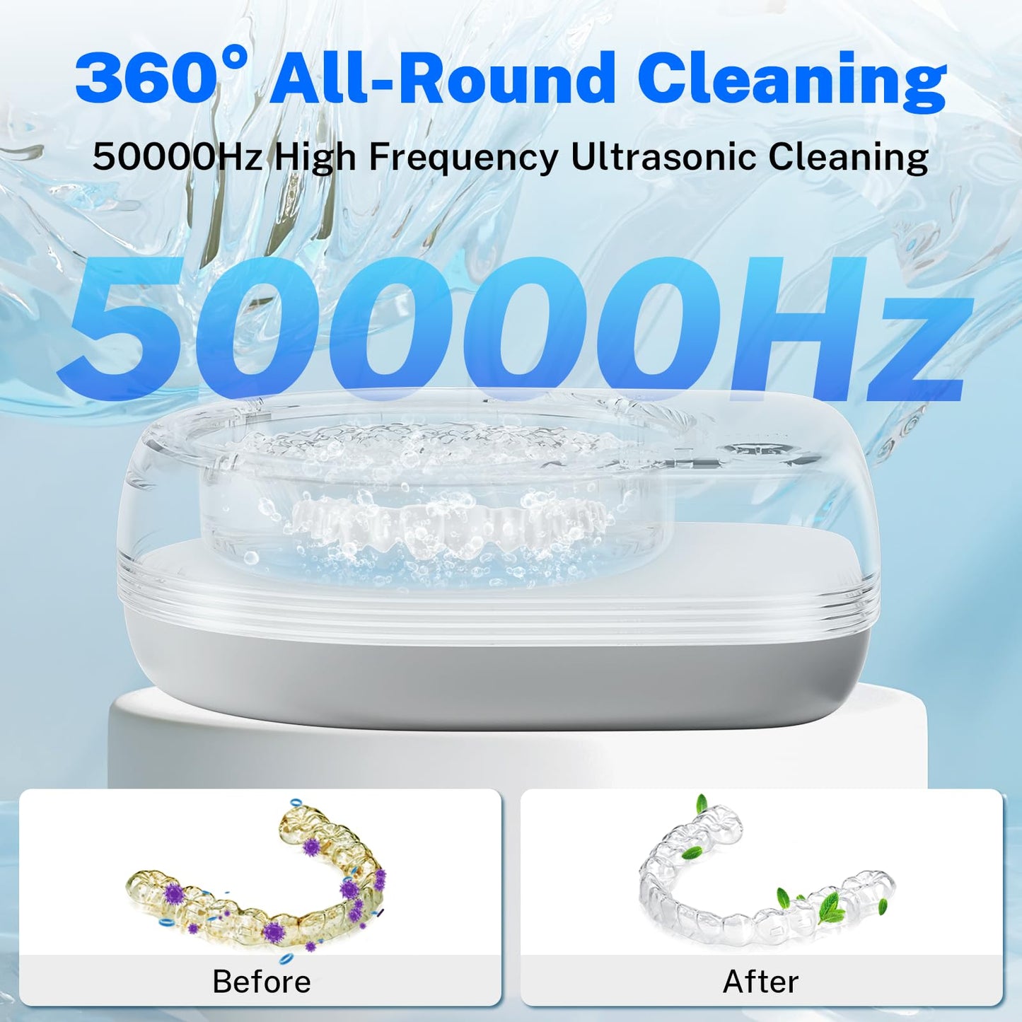 Ultrasonic Retainer Cleaner, Rechargeable Cordless Retainer Cleaner Machine with 50kHz, 2000mAh Battery Portable Charge Once Use 8 Times, Dental Cleaning Pod for Clear Retainer, Traval Use (80ml)