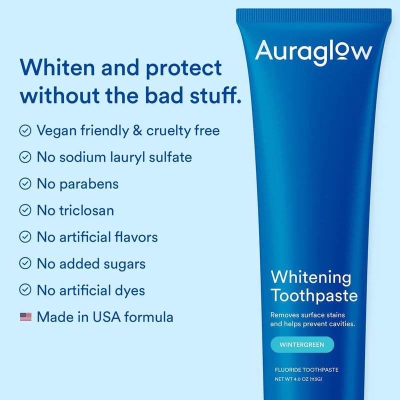 Auraglow Whitening Toothpaste, Hydrogen Peroxide Toothpaste with Fluoride, Whitens Teeth, Prevents Cavities, Strengthens Enamel for Adults, Kids Oral Care, Wintergreen Flavor, 4 oz (1 Pack)