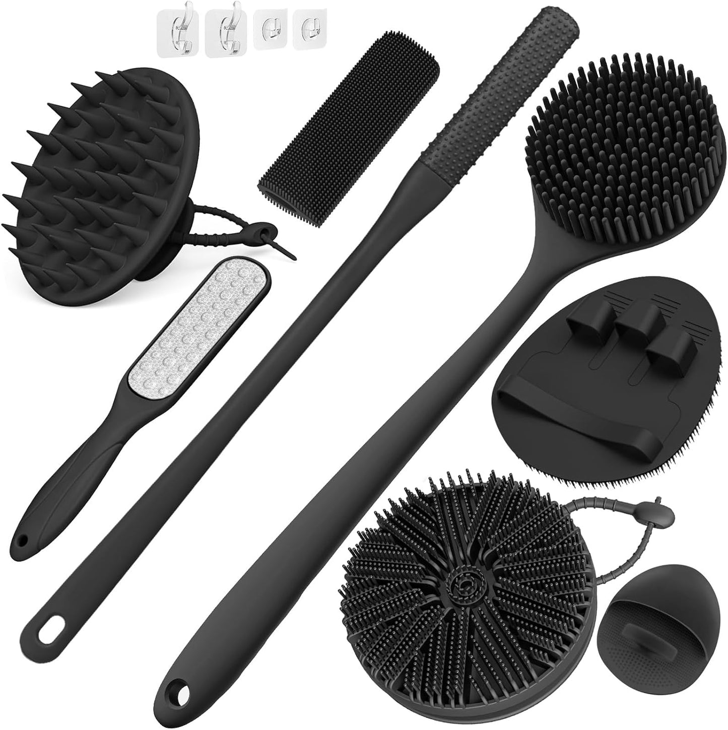 Silicone Back Scrubber Set - 8 PCS Body & Foot Cleaning Brushes | Scalp Massager & Shower Tools with 4 Hooks - Black