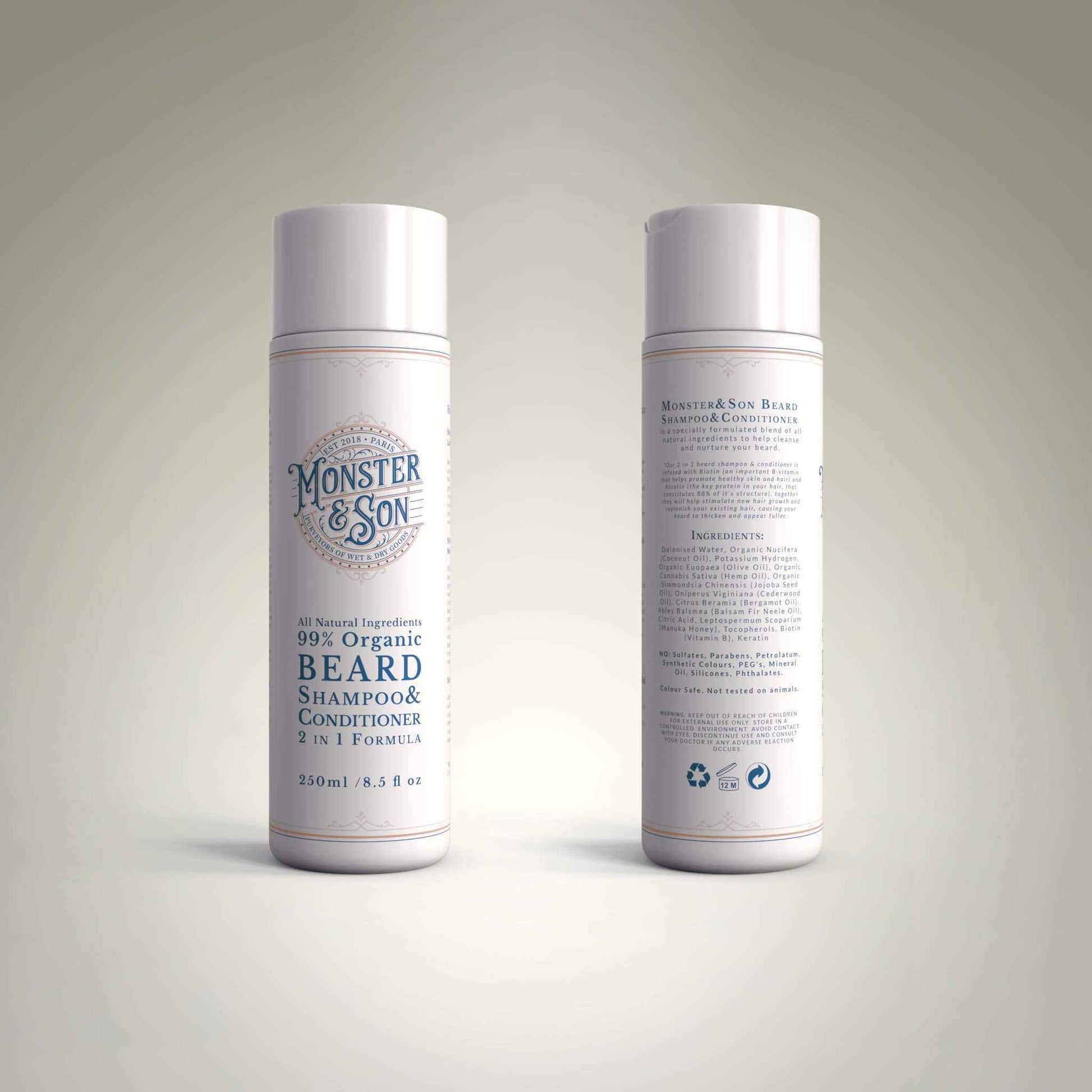 Monster&Son Organic Beard Shampoo & Conditioner 2 in 1 - Beard Wash with Conditioning For Men - Gentle Face Cleanser For Sensitive Skin - Hypoallergenic, Paraben & Sulphate Free - Long Lasting 250ml