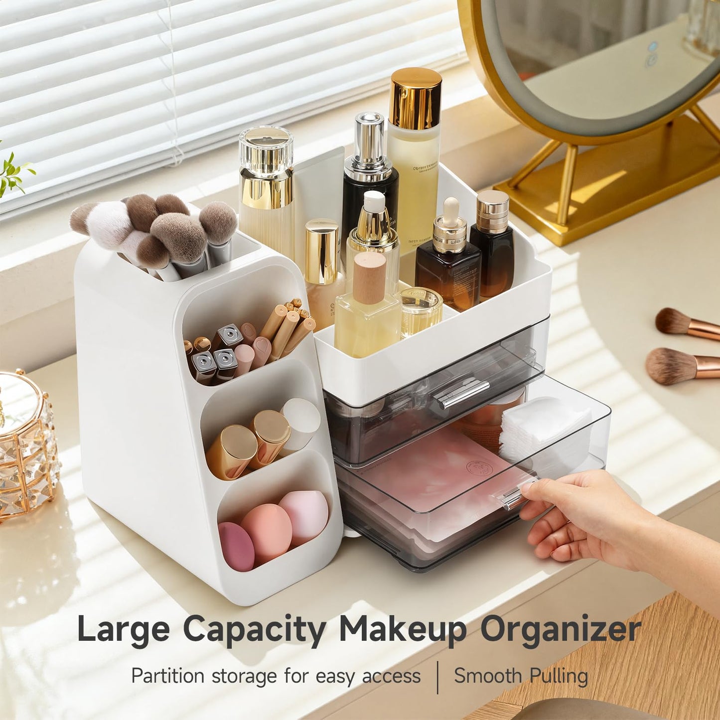 Delamu Makeup Organizer Countertop, Spacious Cosmetic Display Case with Makeup Brush Holder, Perfect Vanity Bathroom Organizer and Storage, Ideal Christmas Gifts for Women Girls, White