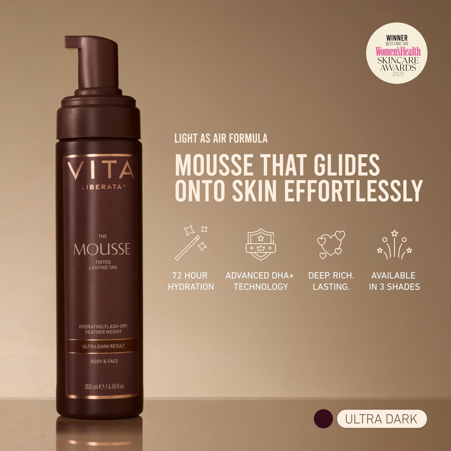 VITA LIBERATA Tinted Self Tanner Mousse - Medium, Lightweight & Fast Drying Formula, Tinted For Easy Application, Lasting Tan, Formulated with Organic Aloe Vera & Hyaluronic Acid, 6.76 fl oz
