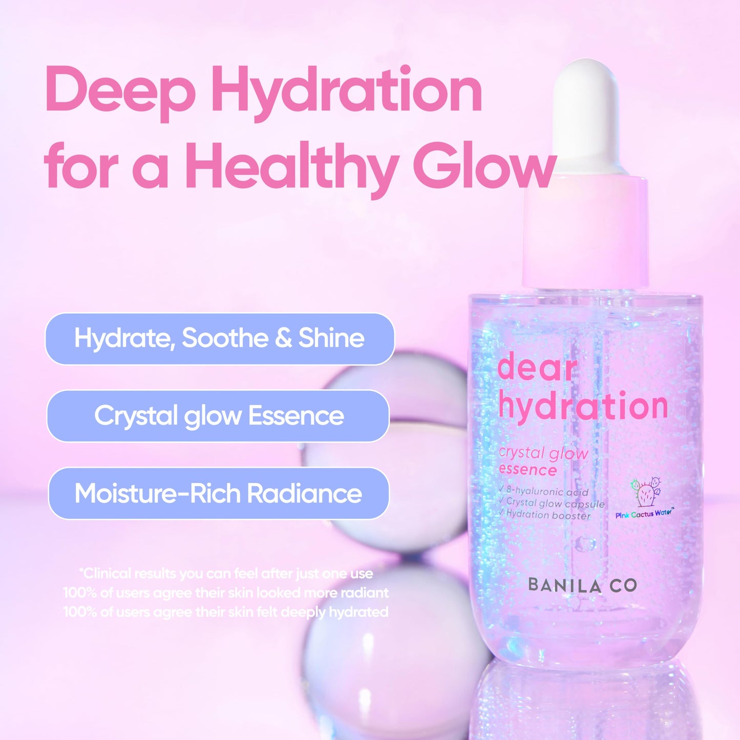 BANILA CO Dear Hydration Crystal Glow Essence | Dermatologist Tested | Crystal Capsule Serum with Pink Cactus & Hyaluronic Acid for Hydrating and Radiant Skin (50ml / 1.69 fl oz)