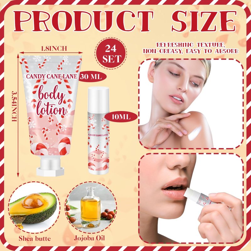 Sacubee 24 Set Christmas Candy Peppermint Cane Lip Balm and Body Lotion Bulk Christmas Hand Cream for Women Peppermint Lip Balm for Women Men Travel Size Body Lotion Gift