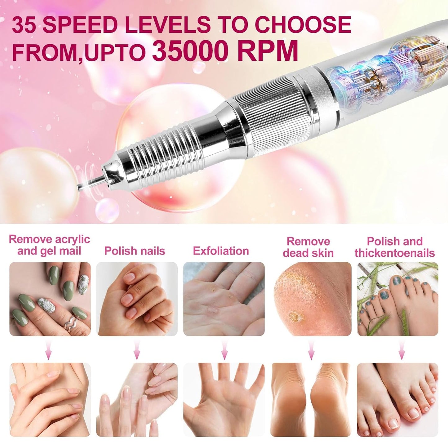 Electric Nail Drill - Professional 35000RPM Pink Nail File with Rechargeable Base & Bits | Essential for Acrylic Nails & Salon Use