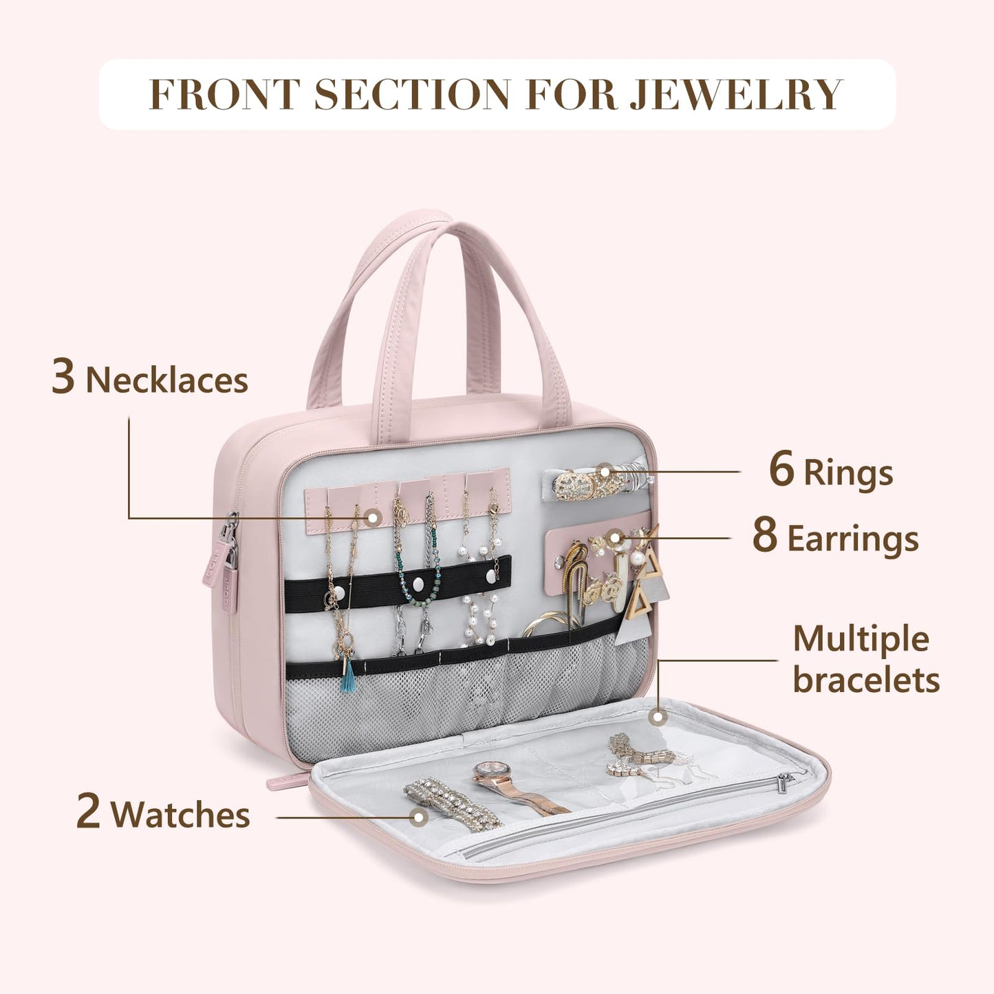 GOLF QUALITY Travel Toiletry Bag,Water-resistant Makeup Cosmetic Bag with Jewelry Organizer Hanging Toiletry Bag for women Trips Camping Bathroom,Smoky Pink