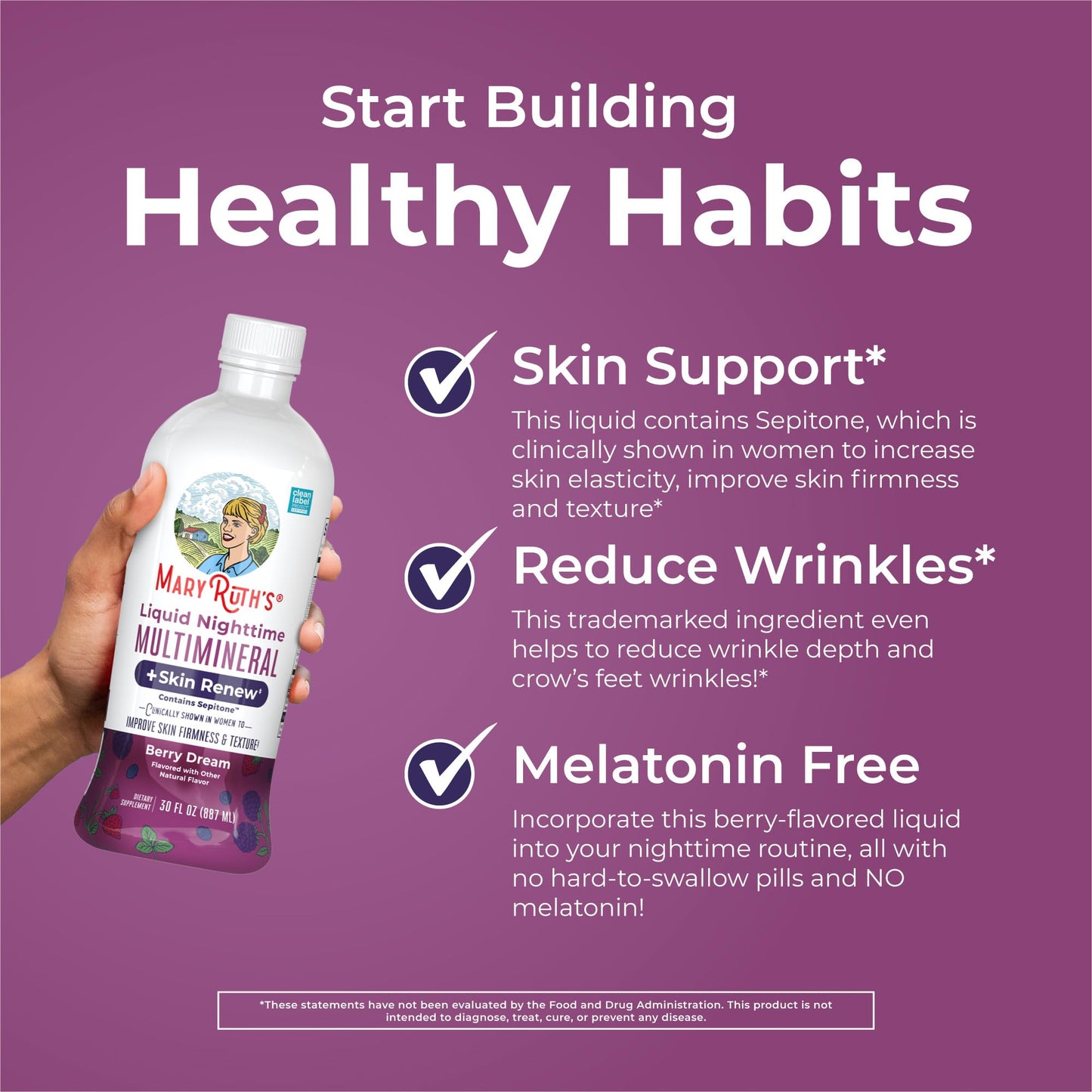 MaryRuth's Liquid Nighttime Liquid Multimineral + Skin Renew | Clinically Shown in Women to Reduce Fine Wrinkle & Improve Skin Firmness | Sepitone | NO Melatonin | Magnesium | Vegan | 30 Servings