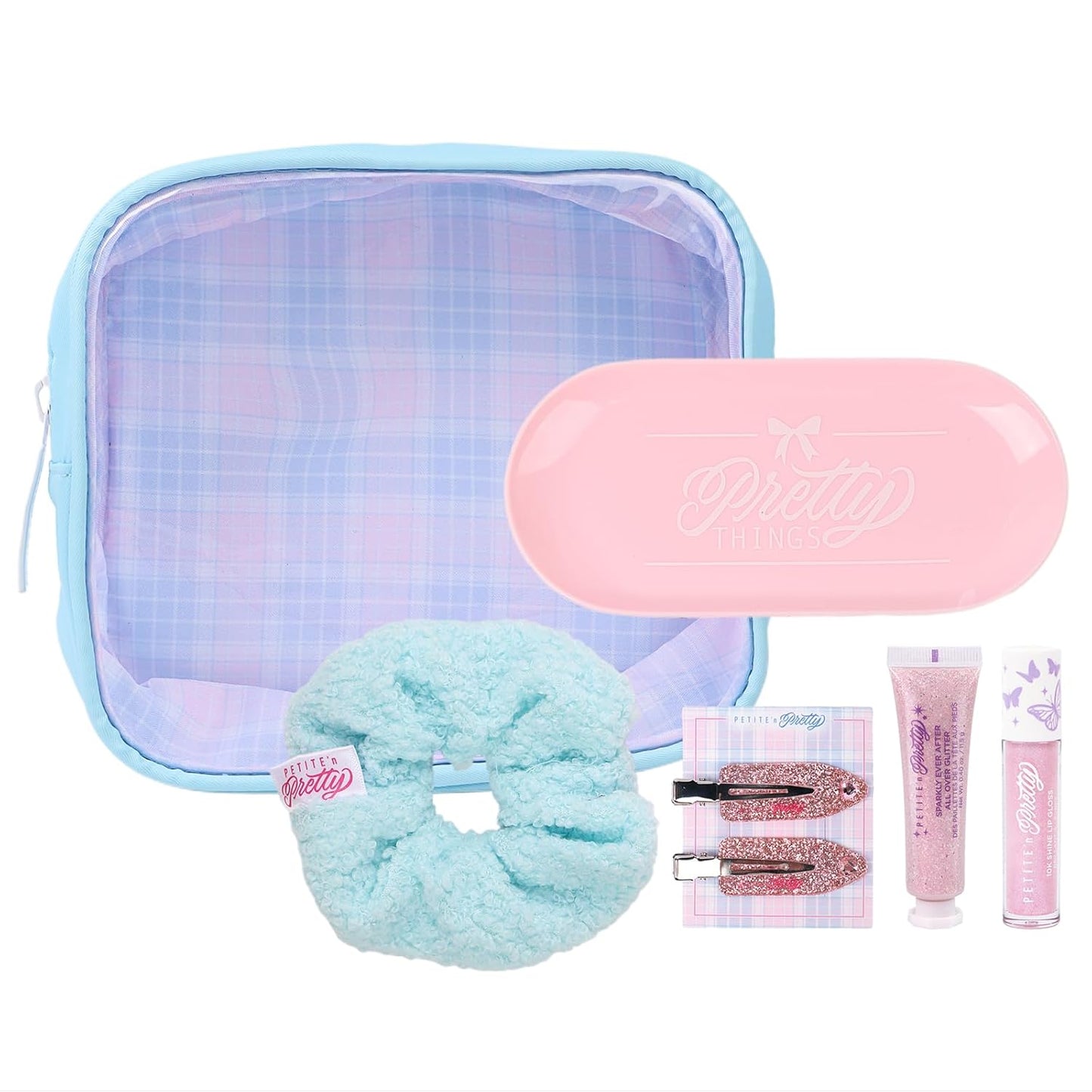 Get Ready with Me Essentials Set - Sparkly Glitter Makeup Tray, Scrunchie & Hair Accessories for Girls | Mini Size