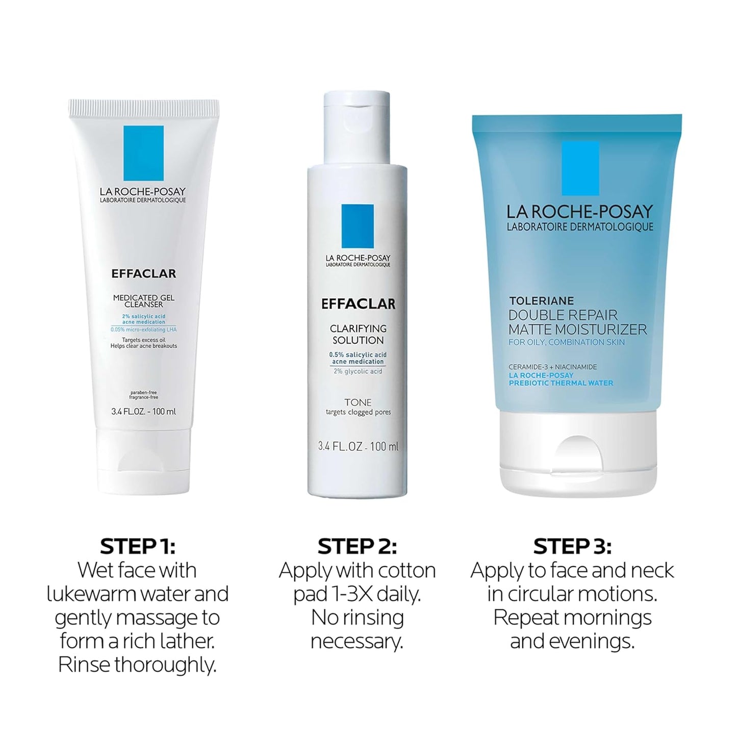 Effaclar Daily Acne Treatment Kit - Salicylic Acid Cleanser, Pore Refining Toner & Oil-Free Moisturizer | 2-Month Supply for Oily & Combination Skin