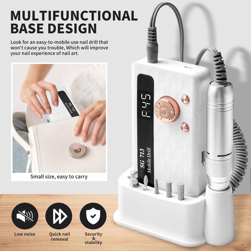 Professional Nail Drill Kit 45000RPM, Portable Electric Nail File with 13 Bits & 56pcs Sanding Bands,LED Screen,Ultra-Silent, Rechargeable Nail Drills Machine for Acrylic Nails Gel Polishing (White)