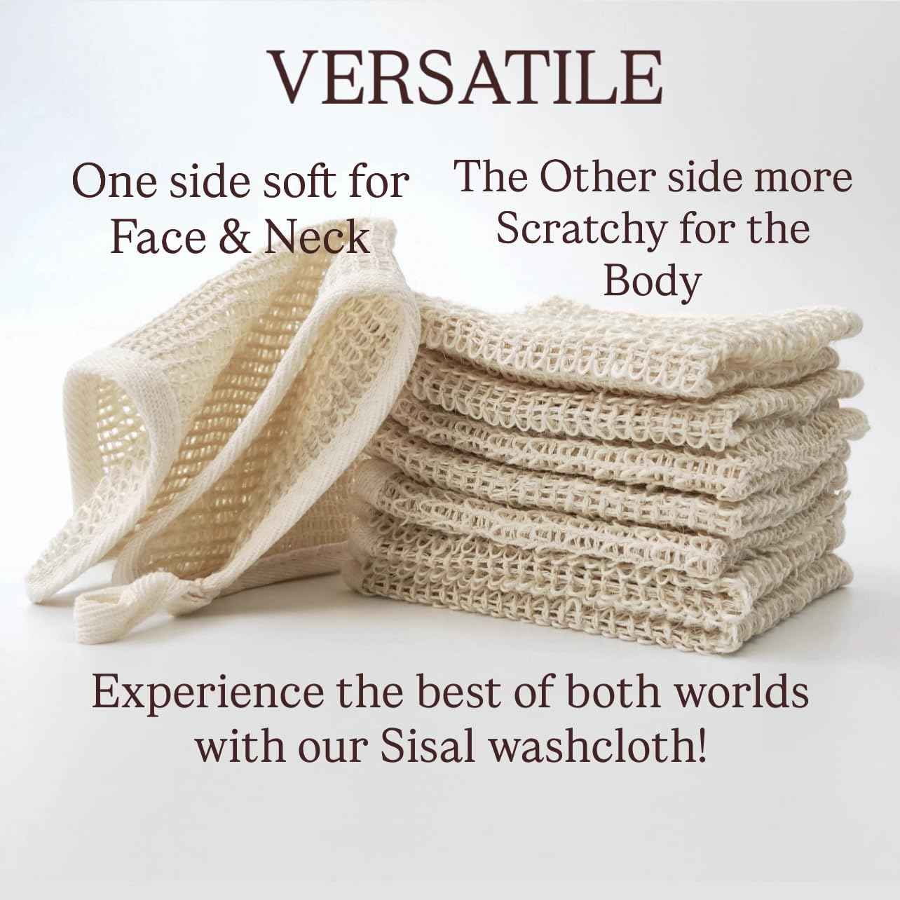 100% Natural Sisal Washcloth. Gentle Exfoliation for Smoother Skin. Durable & Reusable for Face & Body. 100% Biodegradable. Removes Dead Skin Cells + Stimulates Circulation & Energy. (3 Pcs)