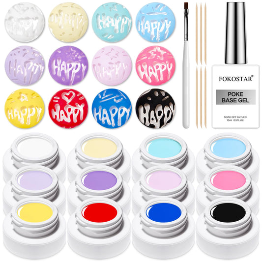12Pcs Poke Gel Nail Polish Set with Professional Poke Base Gel Polish Multifunctional Lace Painting Gel Paint for Nails Art Design with Wooden Nail Stick Nail Brush for Drawing Letter Wave Flower