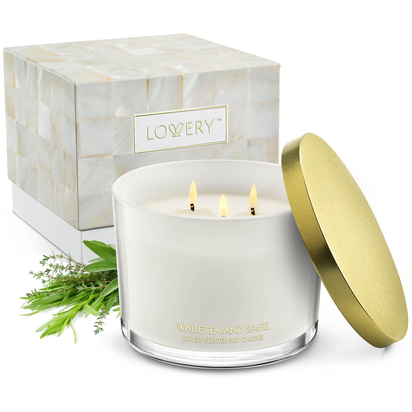 Luxury White Tea & Sage Scented Candles, Large Soy Candles, 3 Wick Aromatherapy Candle, Wedding Gift, Birthday Gifts for Women, Men, Mom, Stress Relief Relaxation Gifts, Candles for Home Scented