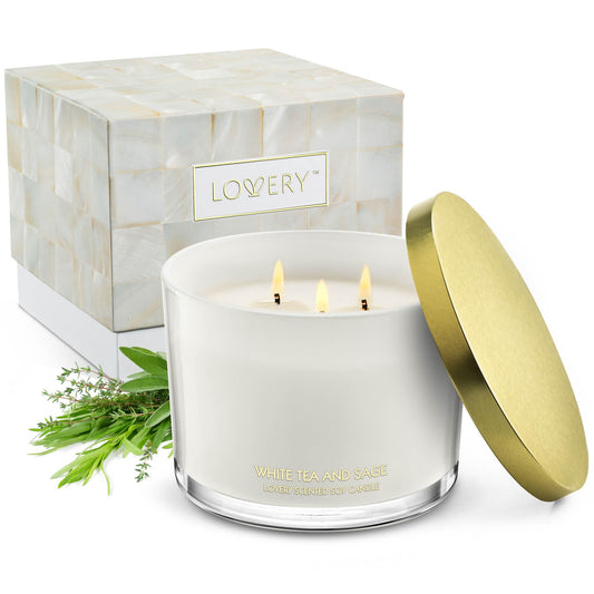 Luxury White Tea & Sage Scented Candles, Large Soy Candles, 3 Wick Aromatherapy Candle, Wedding Gift, Birthday Gifts for Women, Men, Mom, Stress Relief Relaxation Gifts, Candles for Home Scented