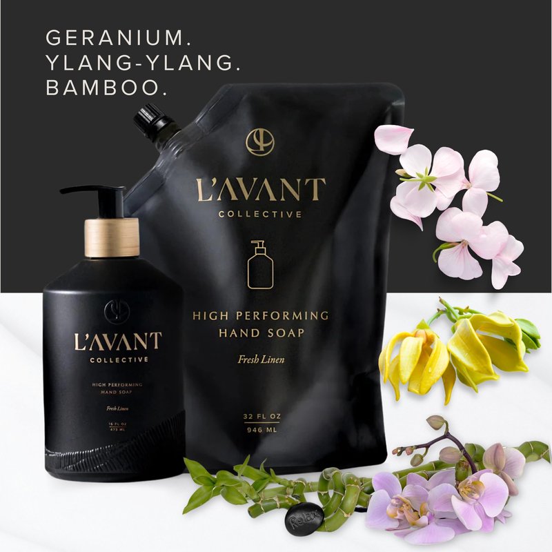 L'AVANT Collective Natural Luxury Hand Soap | Plant-Based, Non-Toxic & Moisturizing, Safe for Kids & Pets, Refillable Glass Bottle with Pump, 16 Fl Oz, Bathroom & Kitchen | Fresh Linen