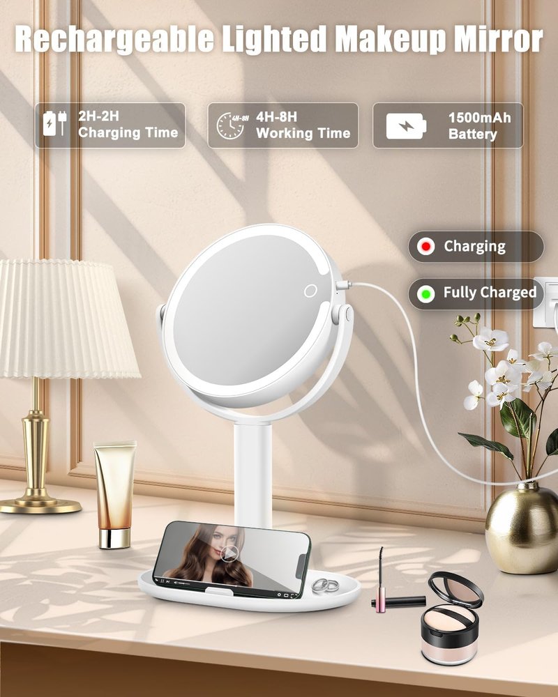 15X Magnifying Makeup Mirror with Lights - Double-Sided 360° Rotation, Rechargeable, Adjustable Brightness for Vanity & Bedroom
