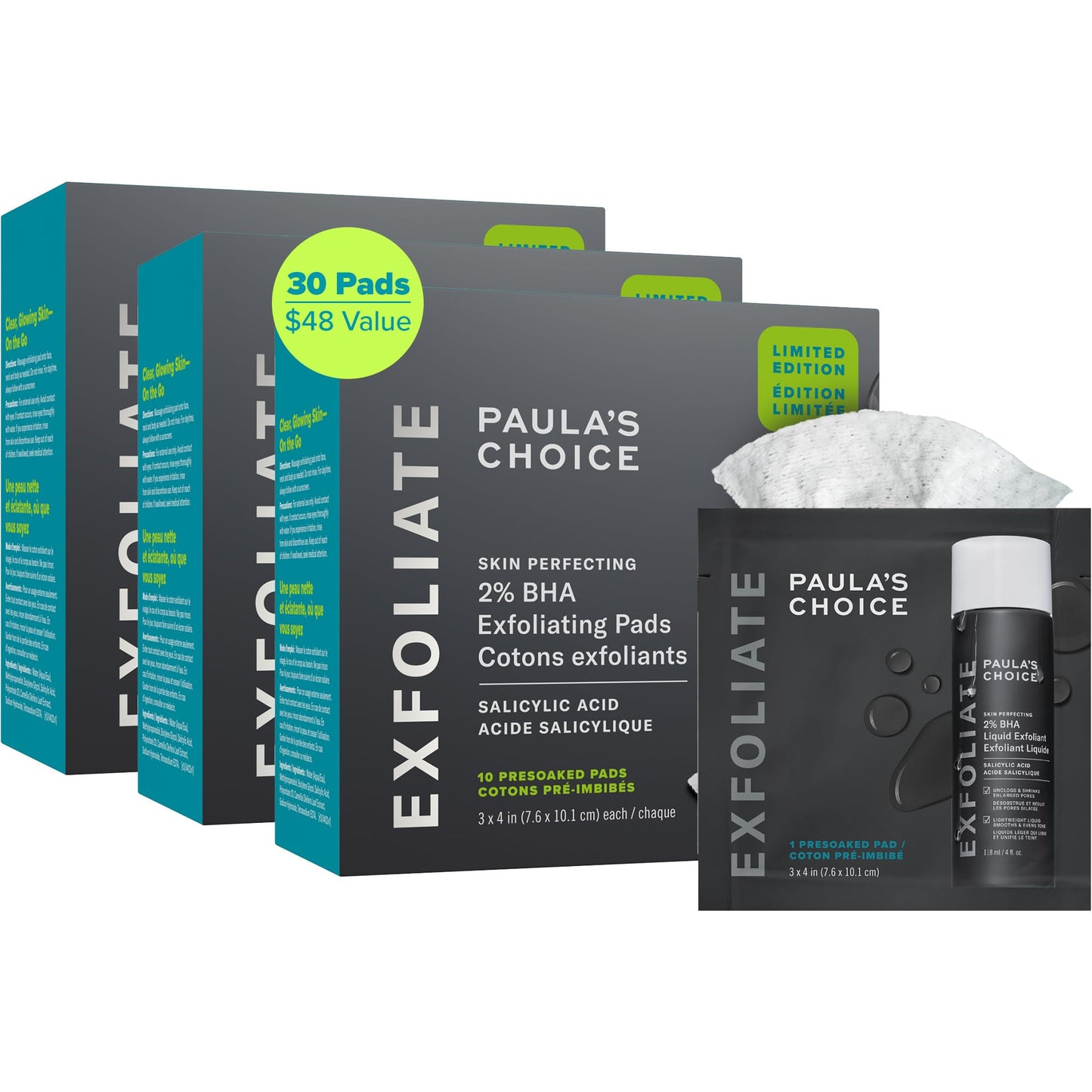 Paula's Choice SKIN PERFECTING 2% BHA Liquid Exfoliant, Salicylic Acid Toner Pads, Facial Exfoliator for Enlarged Pores, Wrinkles & Fine Lines and Suitable for Blackhead-Prone Skin, Pack of 3