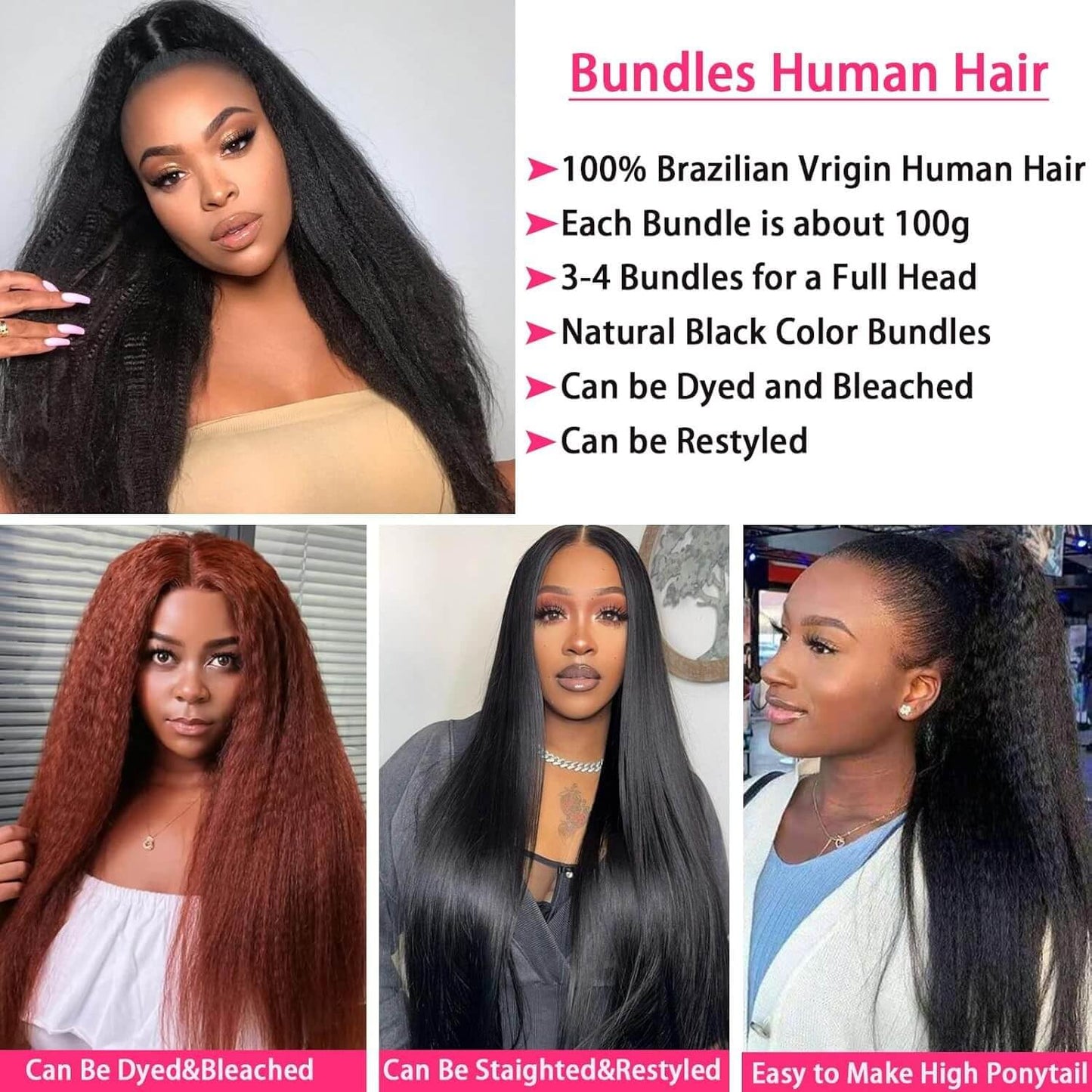 Kinky Straight Bundles Human Hair Yaki Straight Bundles 100% Unprocessed Brazilian Virgin Remy Hair for Black Women Natural Black Color (16 inch)