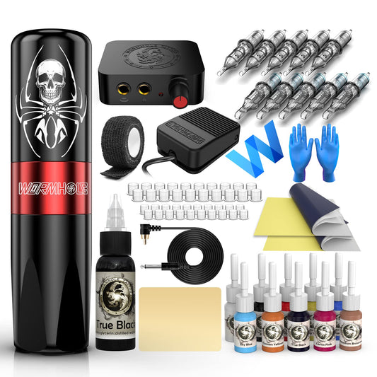 Tattoo Kit, Wormhole Tattoo Gun Kit Tattoo Machine Kit with Tattoo Gun 11 Tattoo Inks 10 Cartridge Needles, Power Supply for Beginners WTK187