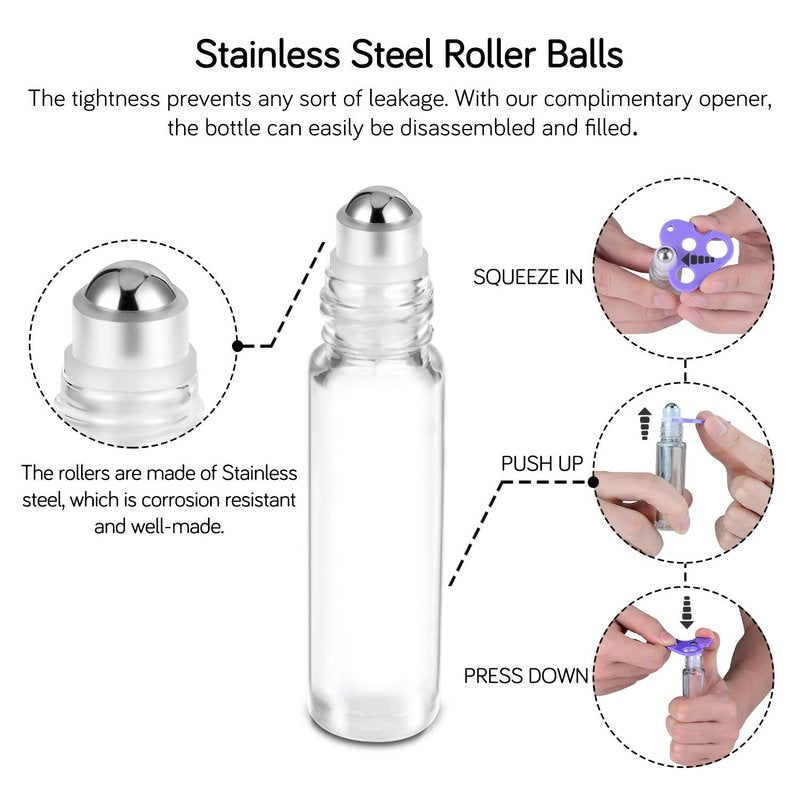 Essential Oil Roller Bottles - 10ml Clear Glass with Bamboo Lid | 24 Pack, Extra Accessories Included