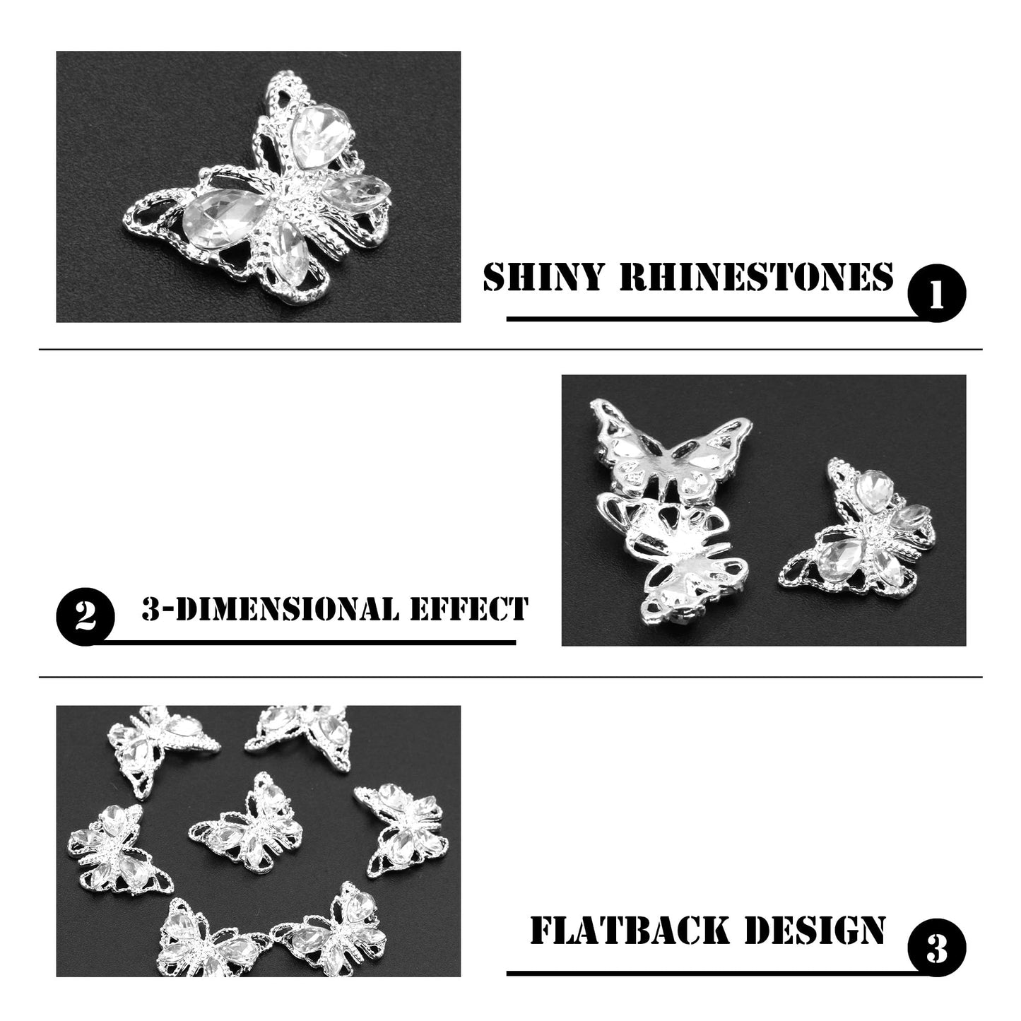 Butterfly Nail Charms, YAEISM Shiny 3D Alloy Silver Metal Butterfly Nail Gems Nail Rhinestones for 10 Pcs Nail Charms Shape Crystals Diamonds for Women Girls DIY Nail Art Crystals Jewelry Decoration