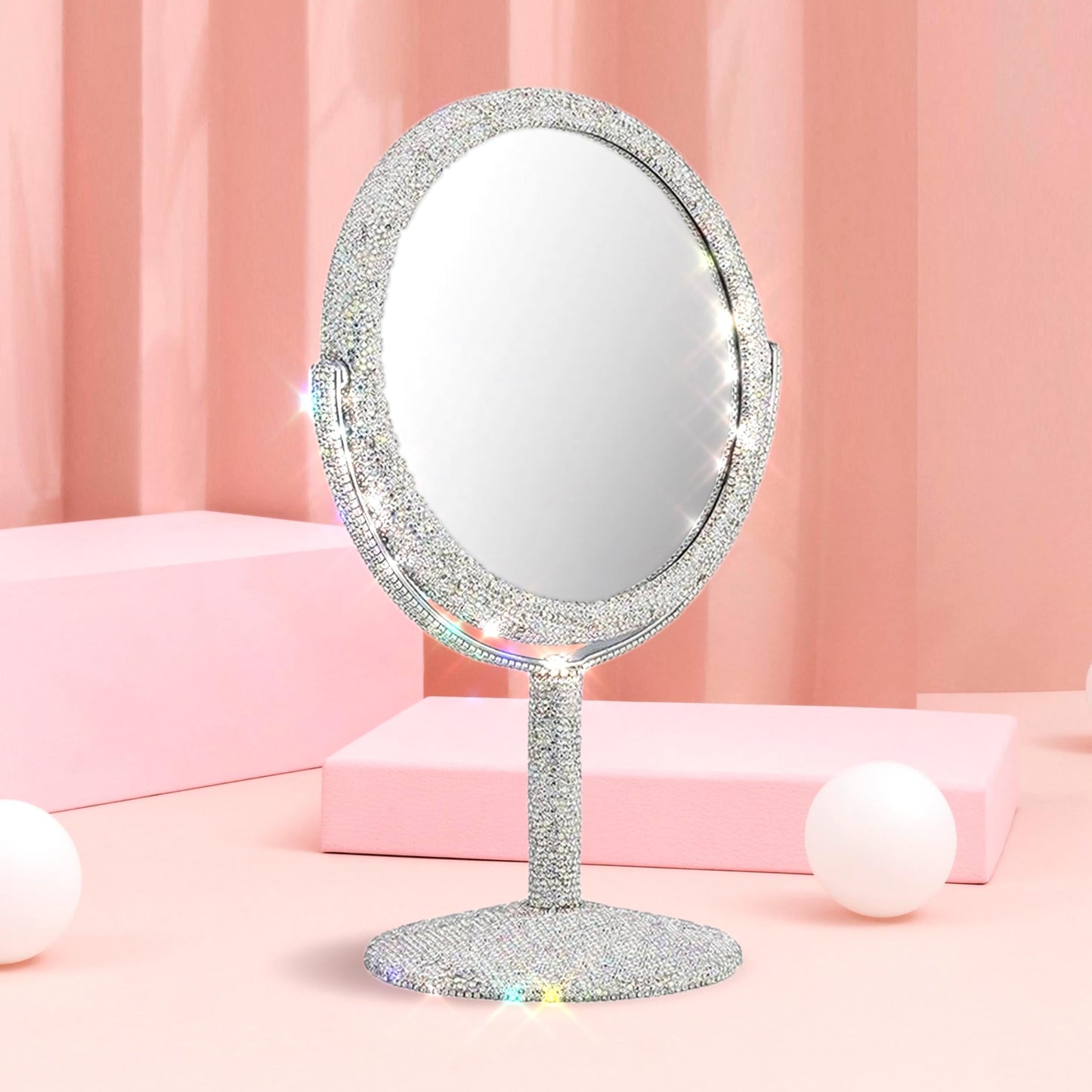TISHAA Bling Makeup Vanity Mirror - Luxury Stand Double-Sided Regular Glass Mirror, Crystal Rhinestone Diamond Glitter, Portable for Desk, Bathroom, Bedroom, Tabletop (White Regular Lens Version)