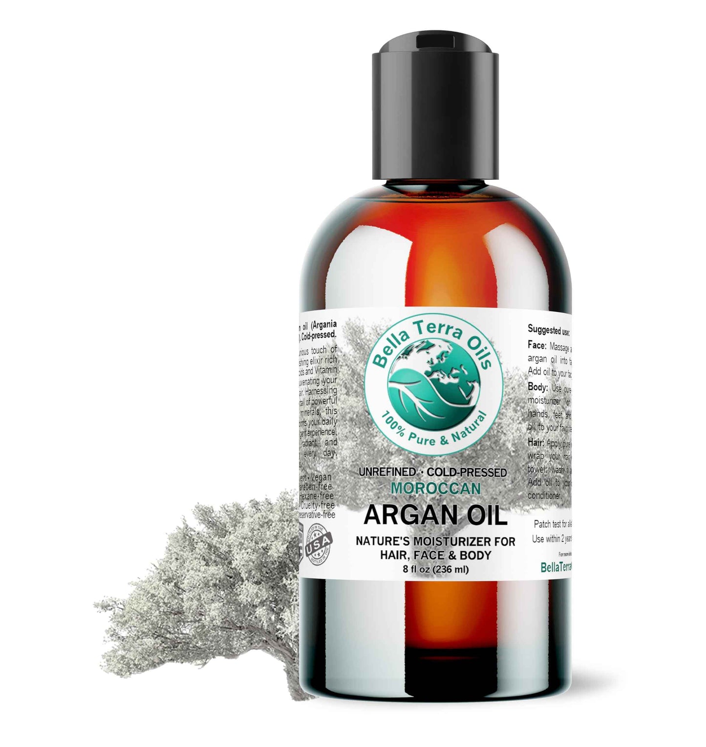 Bella Terra Oils - Argan Oil 8 oz - Pure Moroccan Elixir, Enhances Shine in Hair, Deeply Nourishes Skin, Perfect Oil for Curly Hair