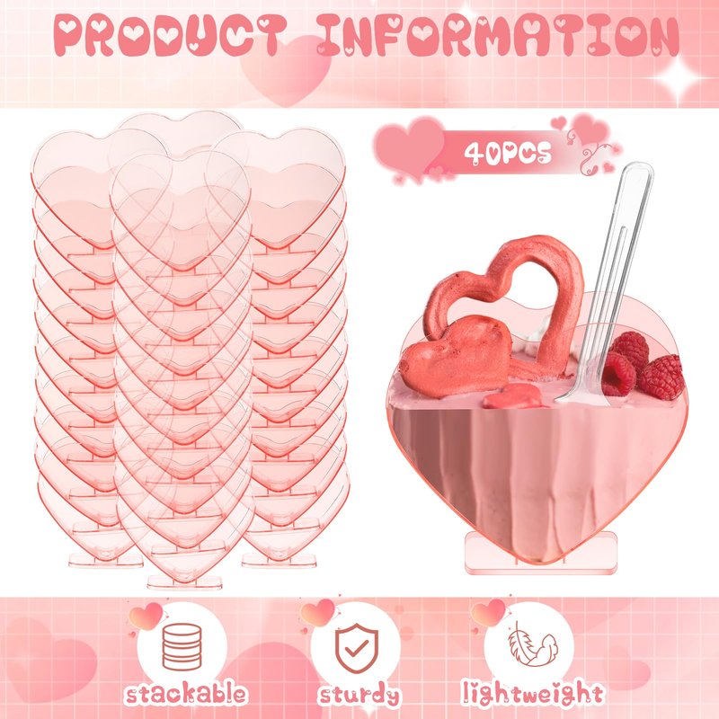 Ziliny Mini Heart Shaped Dessert Cups with Spoons 2.7 oz Valentine Day Plastic Appetizer Cup Clear Disposable Reusable Heart Shaped Bowl for Valentine Wedding Party Cakes Ice Cream(Pink,40 Set)