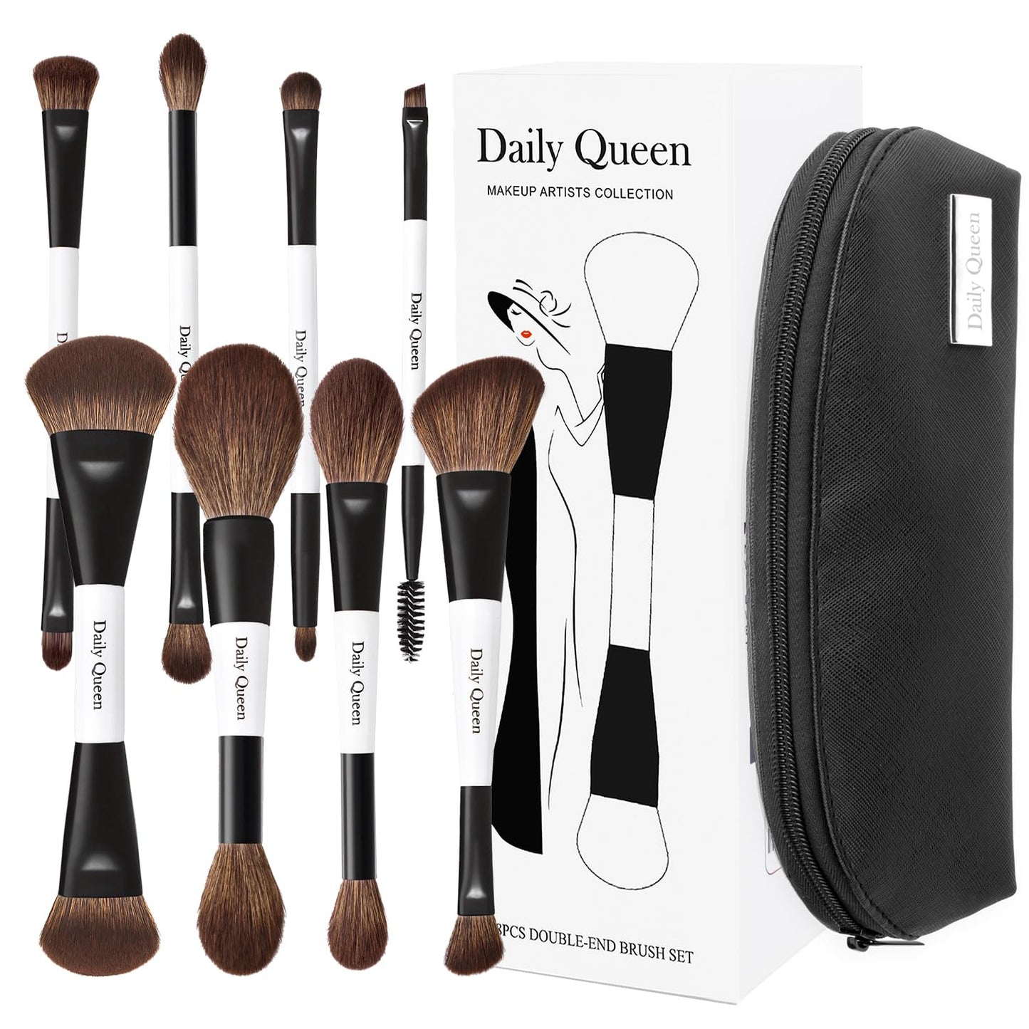 Daily Queen Portable Makeup Brush Set 8pcs Dual Kabuki Powder Concealers Eye shadows Blush Eyeliner Eyebrow Contour Eye blending Brushes (8 IN 16 brush set with waterproof bag)