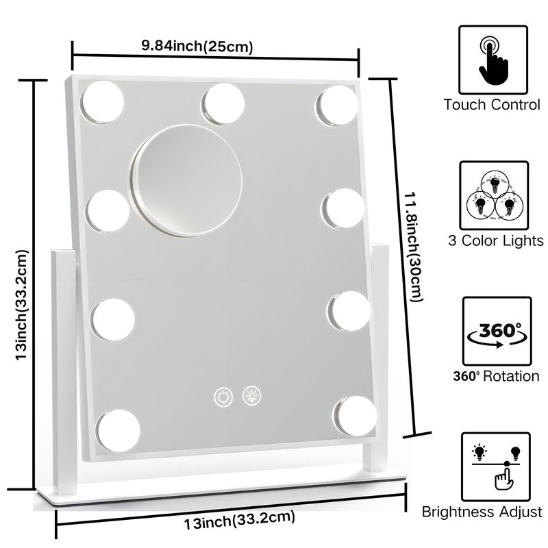 IBRIGHTSO Hollywood Vanity Mirror with Lights, Lighted Makeup Mirror with Lights, 3 Color Lighting Modes, Dimmable, 5X Magnification Mirror, Smart Touch Control,360°Rotation(12in, White)