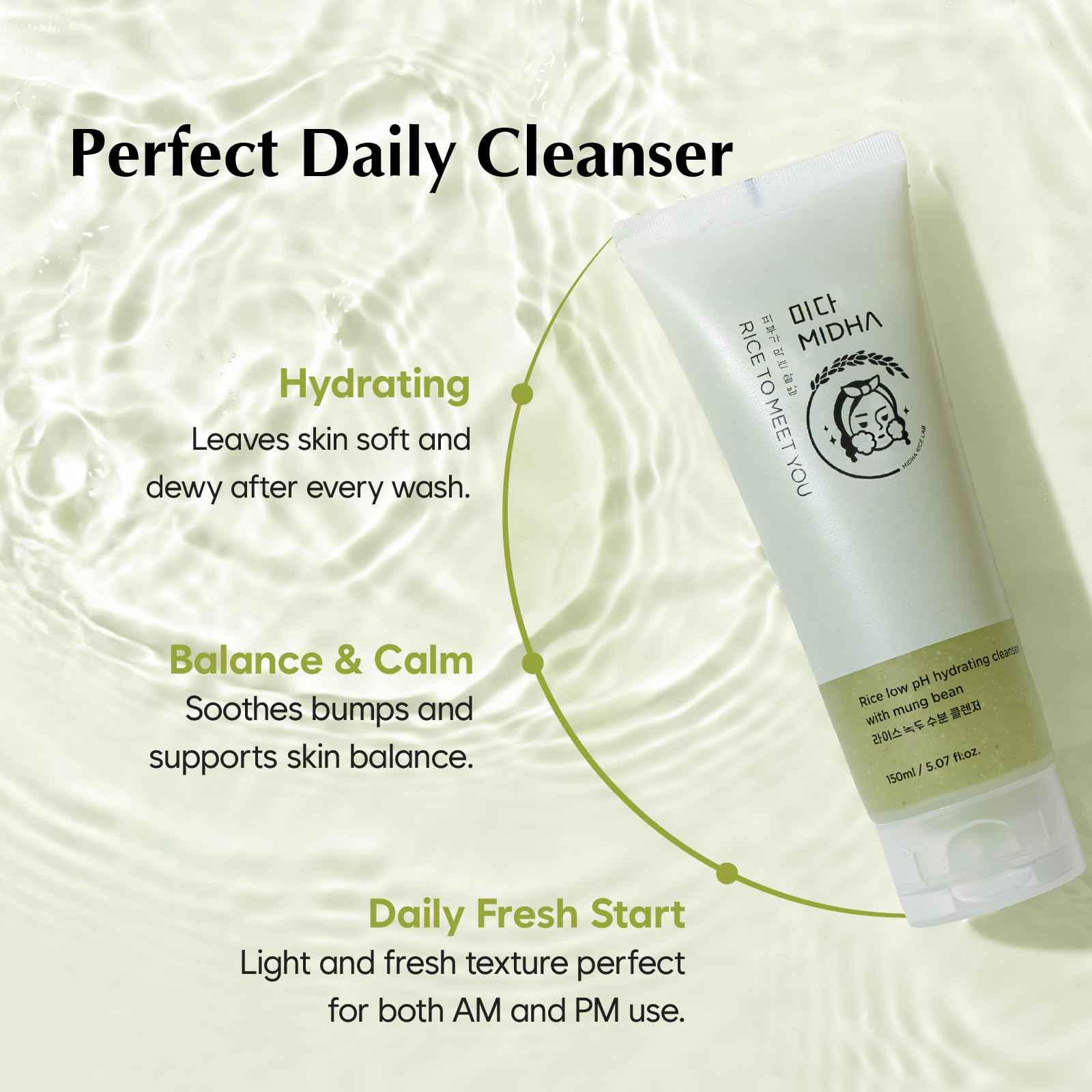 MIDHA RICE LOW PH HYDRATING CLEANSER WITH MUNG BEAN, 5.07fl.oz/150ml,Balanced pH Gel Cleanser, Hydrating, Soothing, Gentle Daily Cleanser, Deep Cleansing, Pore-Purifying, Nourishing Care