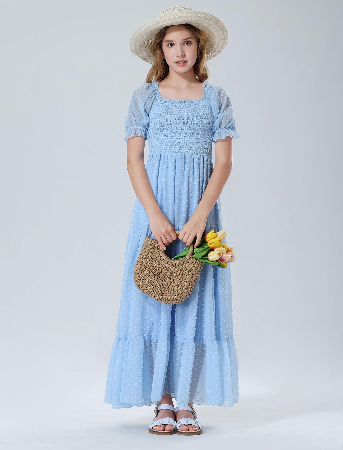 Mebius Girls Maxi Long Dress Flowy Dresses A-line Square Neck Short Sleeve Swiss Dot Smocked Casual 10-12 Light Blue 7Y