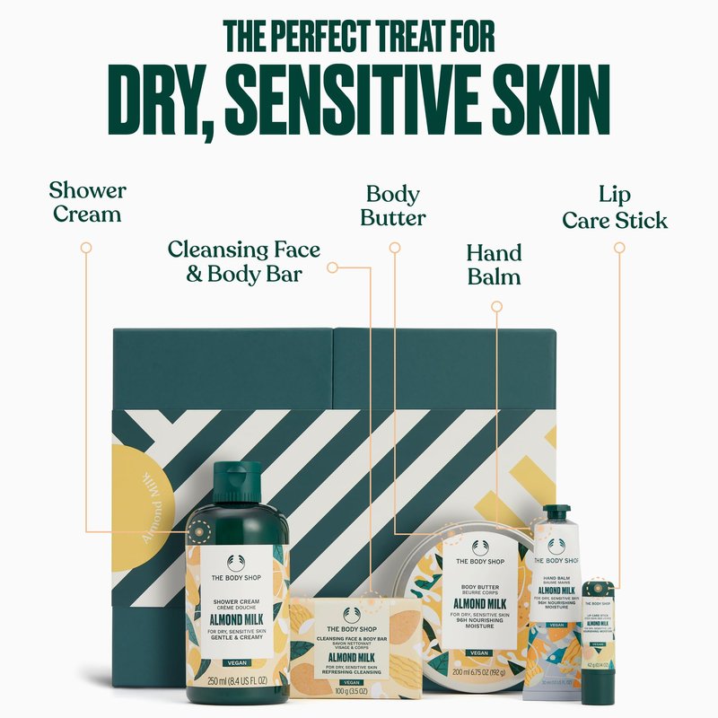 The Body Shop Almond Milk Gift Set - 5 Piece Set, Shower Cream, Body Butter, Bar Soap, Lip Balm, Hand Balm, Vegan