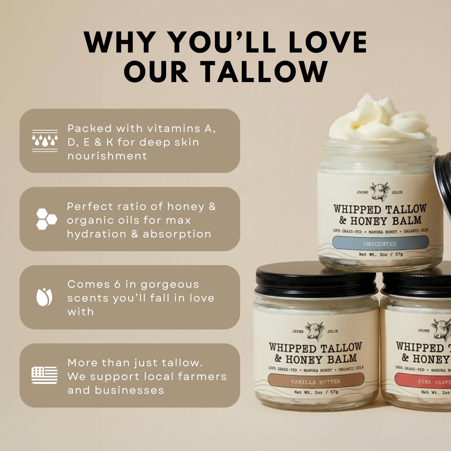Whipped Grass-Fed Tallow Balm & Manuka Honey For Skin Face Body - Organic Jojoba & All-Natural Moisturizing Cream for Nourished, Soft Skin - Handmade All-Natural Moisturizer (2 Oz, Lavender Honey)