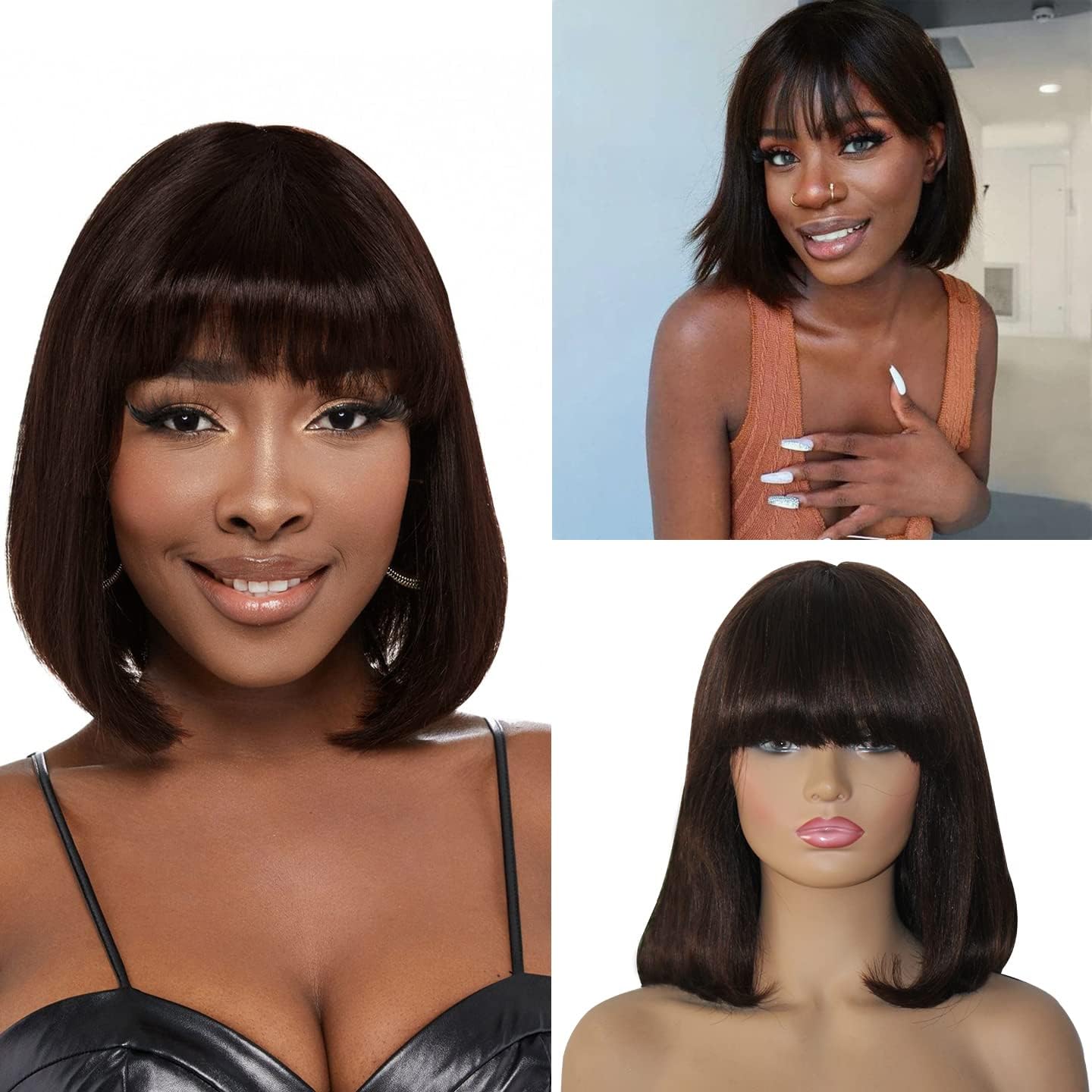 Savasana Bob Wigs for Black Women Human Hair Light Yaki Straight Brown Bang Wigs Glueless 8 Inch