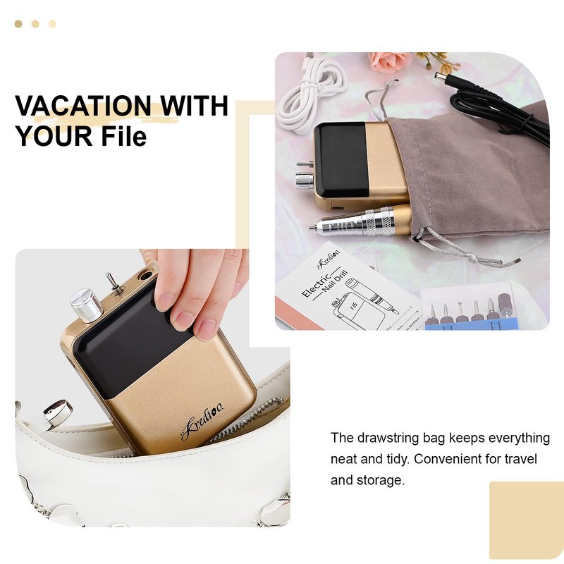 Kredioo Portable Nail Drill 35000 RPM, Rechargeable Electric Nail File E File Kit with Storage Bag Professional Manicure Kit for Nail Lovers Salon Home DIY-Pink