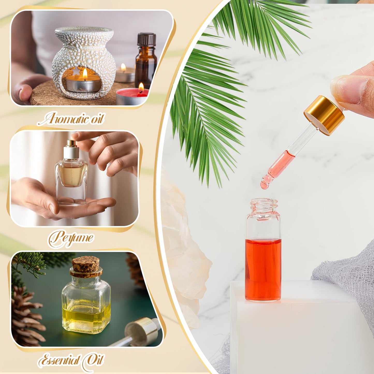 Didaey 200 Pcs 5 ml Mini Glass Oil Dropper Bottle Bulk, Clear Essential Small Empty Bottles Sample Containers Perfume Liquid Vials with Cap for Traveling (Champagne Gold)