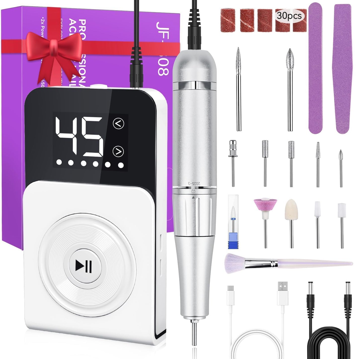 Cadrim Portable Electric Nail Drill Professional 45000 RPM, 2025 Upgrade-Speed Control Disc, Rechargeable Electric Nail File for Acrylic Gel Nails, Nail Drill Kit for Salon Home, White